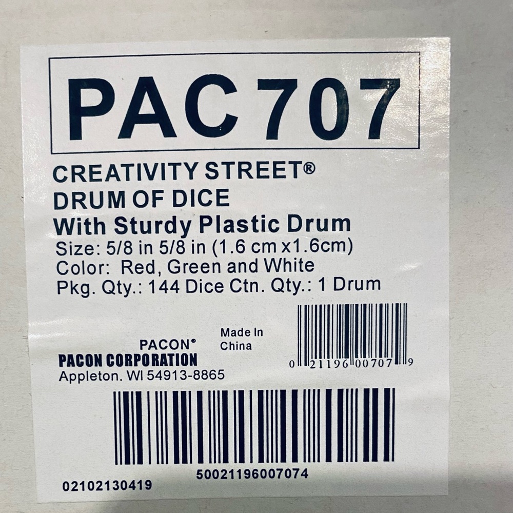 Creativity Street drum of playing dice 144 total 5/8 x 5/8 Red Green White